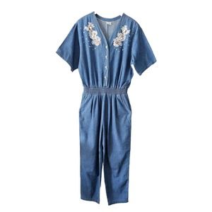Vtg Cottagecore Sz XL Denim Jumpsuit Lace Rhinestones Pearl Buttons Cropped USA